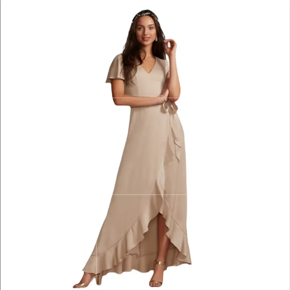 Flutter Sleeve Crepe Satin Ruffle Bridesmaid Dress color is desert coral. Sz 12 - Picture 3 of 5